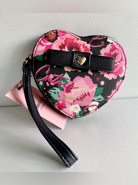 Juicy Couture Handbags - Juicy Couture Pink Floral Heart Wristlet with Black Bow